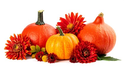 Autumnal Still Life - Pumpkins and Red Chrysanthemums Display.