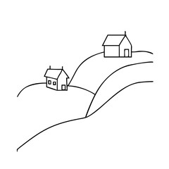 Simple line drawing of two houses on rolling hills