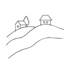 Two houses on rolling hills with a tree