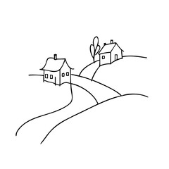 Minimalist illustration of houses on rolling hills