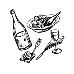 A still life illustration of a bottle of wine, a glass, and a plate of food