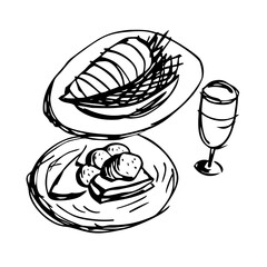 Sketch of a delightful meal with appetizers and a drink