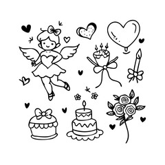 Cute cupid, cakes, and roses doodle art for celebration