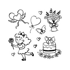Cute doodle of a girl with a rose, cake, bouquet, and hearts