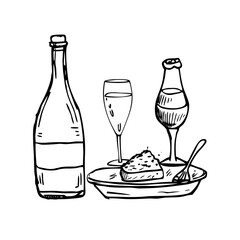 Sketch of a bottle, two glasses, and a slice of cake on a plate