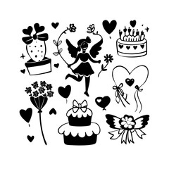 Collection of cute valentine's day elements with a cupid, cakes, and hearts