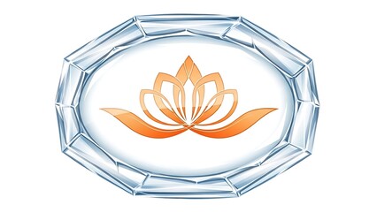 Orange lotus flower emblem encased in faceted clear crystal or ice shape