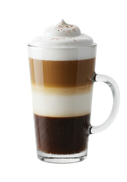 Highly detailed hazelnut latte macchiato in a tall transparent glass mug, showing three perfect thermal layers and condensation, against a transparent background. Concept for luxurious beverage