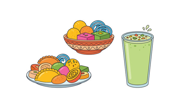 Bundle holi festival traditional sweets drinks elements vector set