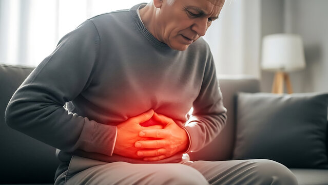  Elderly man suffering from severe stomach pain, clutching his abdomen.