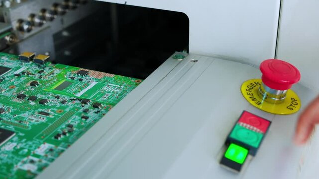 Factory technician presses bright red emergency stop on industrial control panel to halt pcb production on an automated assembly line, then quickly restarts the machine