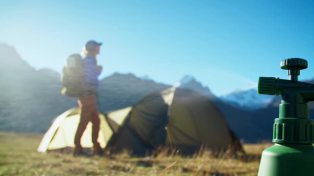 Bug spray and tent background with backpacker on majestic mountain exploration