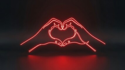 Red Neon Hands Shaping a Heart on Dark Background