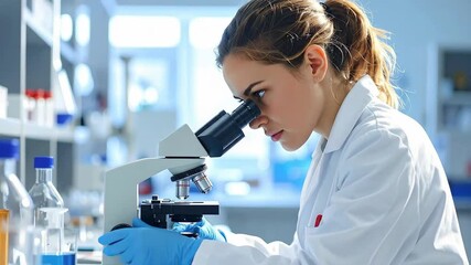 Scientist examining sample under microscope in laboratory research setting. - Powered by Adobe