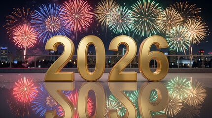 Colorful fireworks light up the night sky as large golden numbers display the year 2026. People gather to celebrate and enjoy the festive atmosphere of the New Year