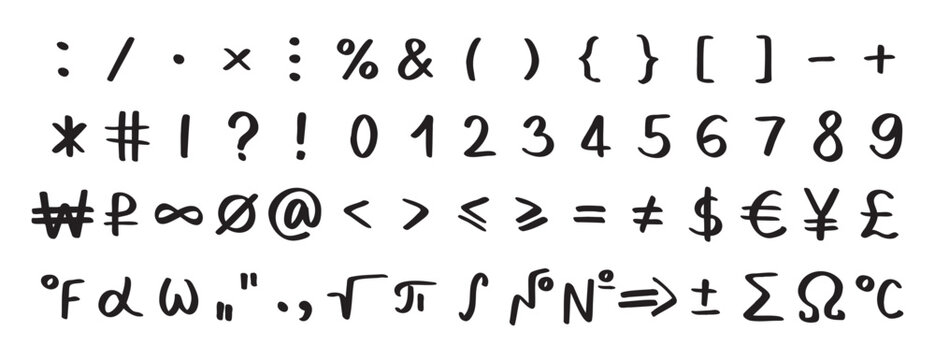 Scribble black special math symbols, numbers and signs. Symbols are handwritten characters from the keyboard