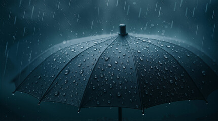 Raindrops hit an open umbrella during a rainy evening. The scene shows a dark atmosphere created by the rain and shadows. The water forms small beads on the surface of the umbrella