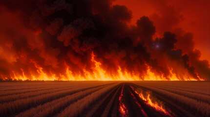 A wildfire burns in a field during sunset. Flames rise high while thick smoke darkens the sky. The ground shows signs of the fire's path as crops lie in rows