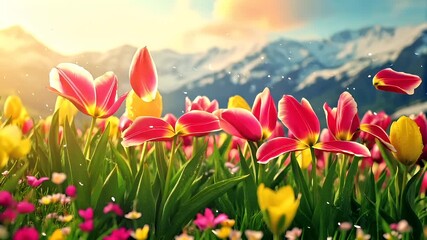Spring booming. Life. New hope. Season. A vivid, sunlit meadow with blooming tulips against a backdrop of a mountain range. The tulips are in full bloom.