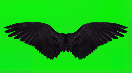 A set of black bird wings is shown fully extended against a bright green background. The wings have detailed feather patterns and showcase their size