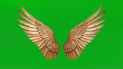 A pair of large, golden bird wings are shown against a bright green background. The wings are detailed with intricate feather patterns. This artwork focuses on the beauty of wings 