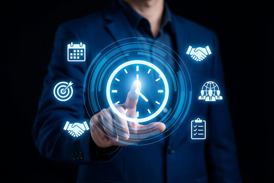 Man interacting with digital clock and icons - Powered by Adobe