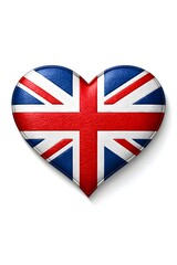 A 3D heart-shaped icon with the Union Jack flag of the United Kingdom. Designed with a high-quality leather grain texture and embossed stitching effects. Isolated on a white background.
