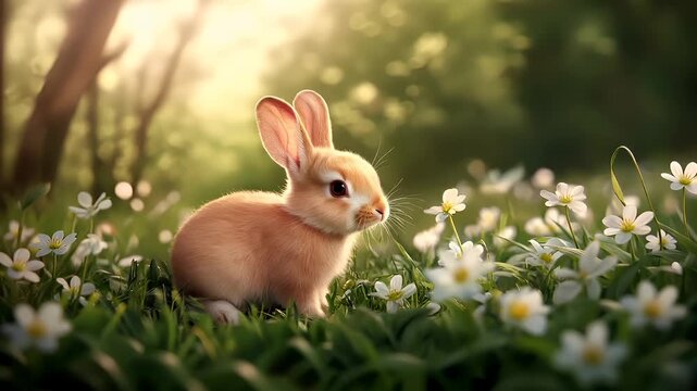 Easter. Spring. Holiday theme. A closeup of a rabbit in a field of white flowers. The rabbit is positioned in the center of the frame, with its ears perked up.