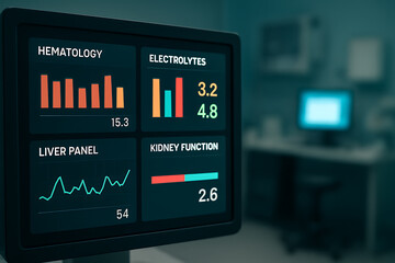 Advanced medical laboratory dashboard displaying comprehensive hematology and metabolic panel data for clinical diagnostic efficiency and healthcare resource management