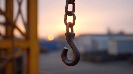 A weathered metal crane hook and chain are silhouetted against a blurred sunset evoking an industrial scene