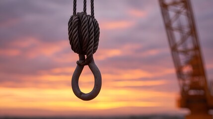 Industrial crane hook and rope against a colorful sunset sky
