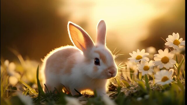 Easter. Spring. Holiday theme. A closeup of a white rabbit in a field of daisies during what appears to be the golden hour, with the sun casting a warm, golden hue over the scene.