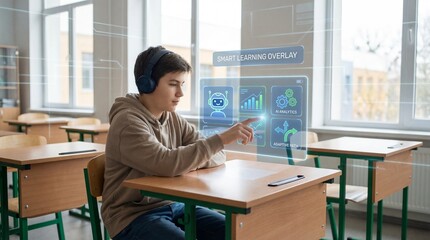 A young boy wearing headphones and using a digital learning platform in a modern classroom with interactive technology