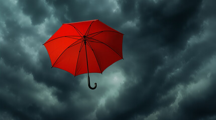 A red umbrella is open in the air, contrasting with the dark clouds that fill the sky. The scene suggests an approaching storm with heavy rain likely in the near future