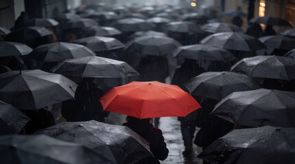 Many people walk on a city street while holding black umbrellas. One person stands out by holding a red umbrella. Rain falls steadily as the crowd moves