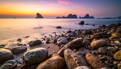 Serene coastal sunset with rocks and distant islands.