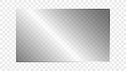Transparent shiny rectangular glass plate 16:9 ratio. Clear glass panel showcase on a transparent background. Realistic laptop or TV screen light glare or reflection. Vector illustration.
