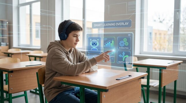 A young boy wearing headphones and using a digital learning platform in a modern classroom with interactive technology - Powered by Adobe