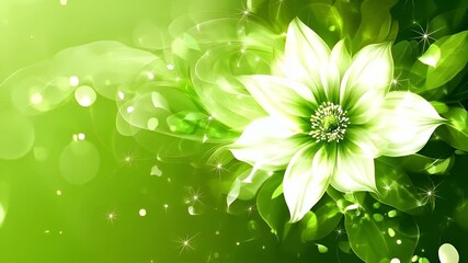 Spring booming. Life. New hope. Season. A digital artwork featuring a white flower with green leaves and sparkles. The flower is set against a vibrant green background with a bokeh effect.