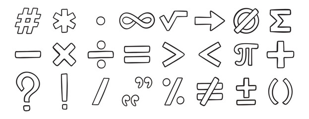 math symbols doodle hand drawn icon set. Outline drawing line clipart symbol collection