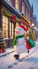 A snowman with a red hat and green scarf walks happily down a snowy street. It holds colorful gift bags while surrounded by decorated shops and festive trees. Lights shine bright on buildings