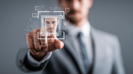 Adult man pointing at a digital screen displaying facial recognition data, representing biometric identity verification and secure access technology.