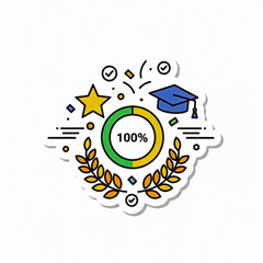 Graduation cap and laurel wreath with 100 percent completion badge and star