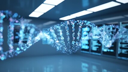 Abstract dna strand illuminating in a futuristic data center environment - Powered by Adobe