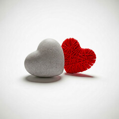 Gray heart-shaped stone next to a red textured heart on a plain background rock