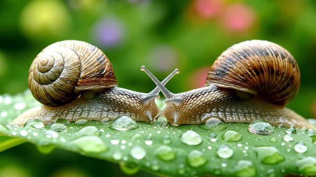 Two senior snails in a romantic valentine's embrace, representing lasting love and companionship as pets
