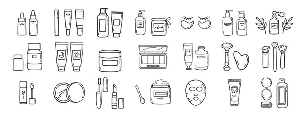 make up beauty doodle hand drawn icon set. Outline drawing cosmetics line clipart symbol
