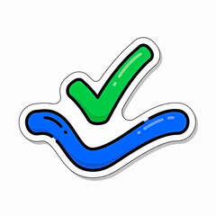 Green check mark and blue squiggly line on white background symbol approval