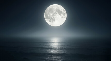 A full moon lights up the night sky, reflected on calm ocean waves. The scene shows a clear view of water and clouds under the moonlight