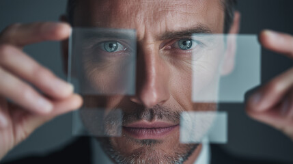 Focused mature man holding transparent screens in front of his eyes, representing advanced technology, future vision, and data analysis concepts.